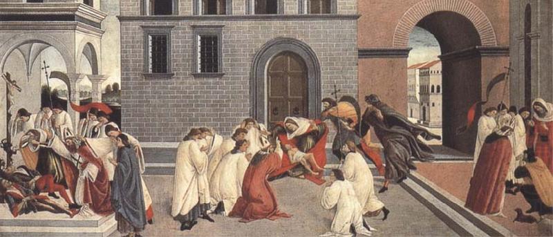 Three Miracles of St Zanobius:driving the demon out of two youths,reviving a dead child,restoring sight to a blind man, Sandro Botticelli